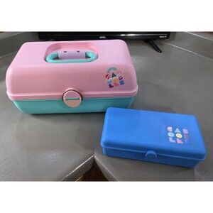 Vintage CABOODLES Qty 2 Makeup Case Tiered with Mirror #2620 Pink Teal Peach